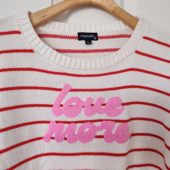 Originality Striped Love More Cropped Sweater Cream Red Knit Preppy Cute Cozy - Picture 3 of 9